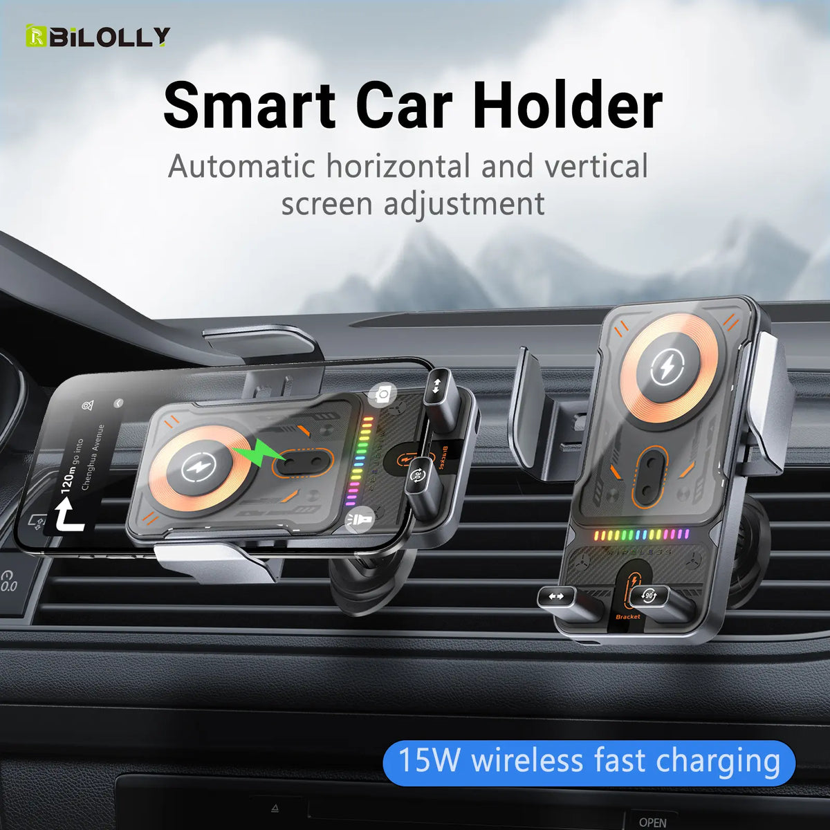 2026 new cool car wireless fast charging holder, intelligent sensor opening and closing, universal mobile phone navigation holder, 90-degree rotation, horizontal and vertical screen use, built-in ambient light, intelligent high-end navigation holder